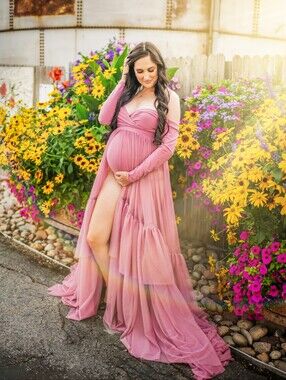 Maternity Off-Shoulder Pink Chiffon Gown